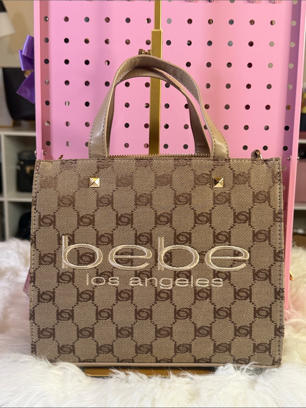 bebe Brown Logo Canvas Tote with Gold Accent